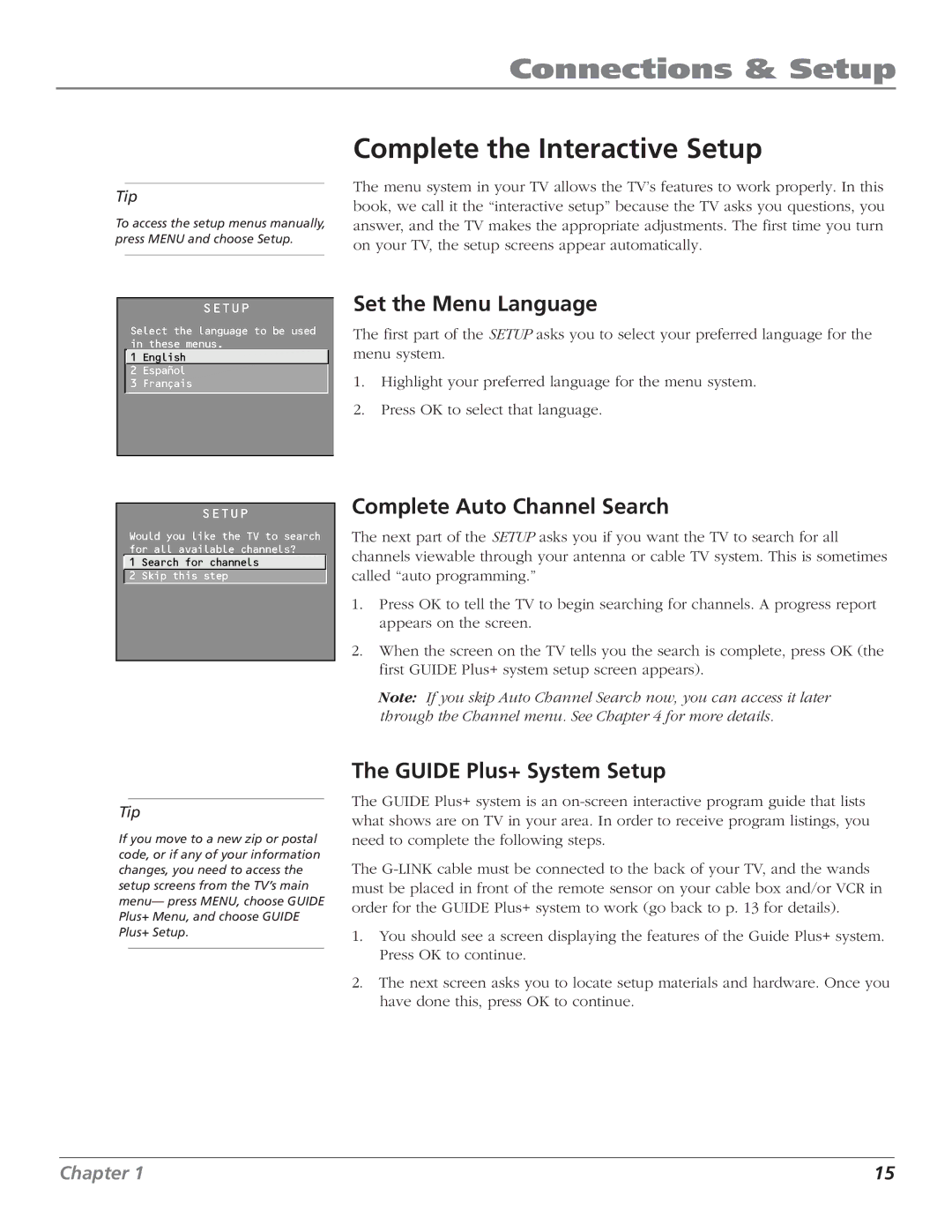 RCA F27669 Complete the Interactive Setup, Set the Menu Language, Complete Auto Channel Search, Guide Plus+ System Setup 