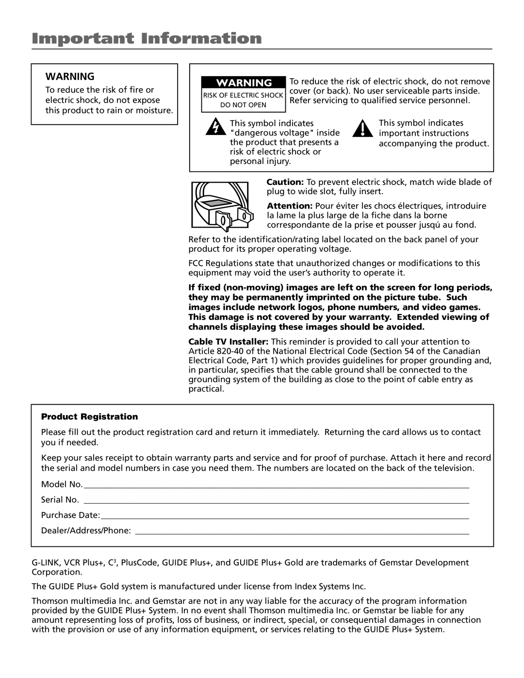 RCA F27669 manual Important Information, Product Registration 