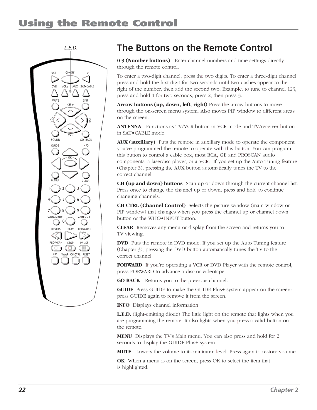 RCA F27669 manual Using the Remote Control, Buttons on the Remote Control 