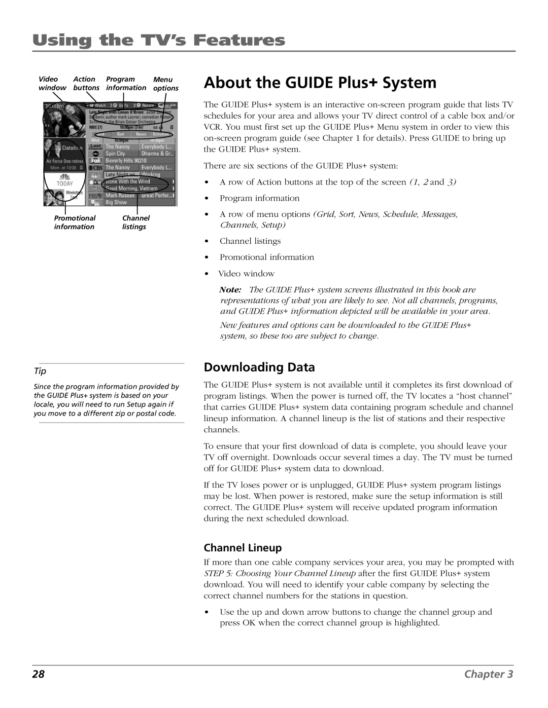 RCA F27669 manual Using the TV’s Features, About the Guide Plus+ System, Downloading Data, Channel Lineup 