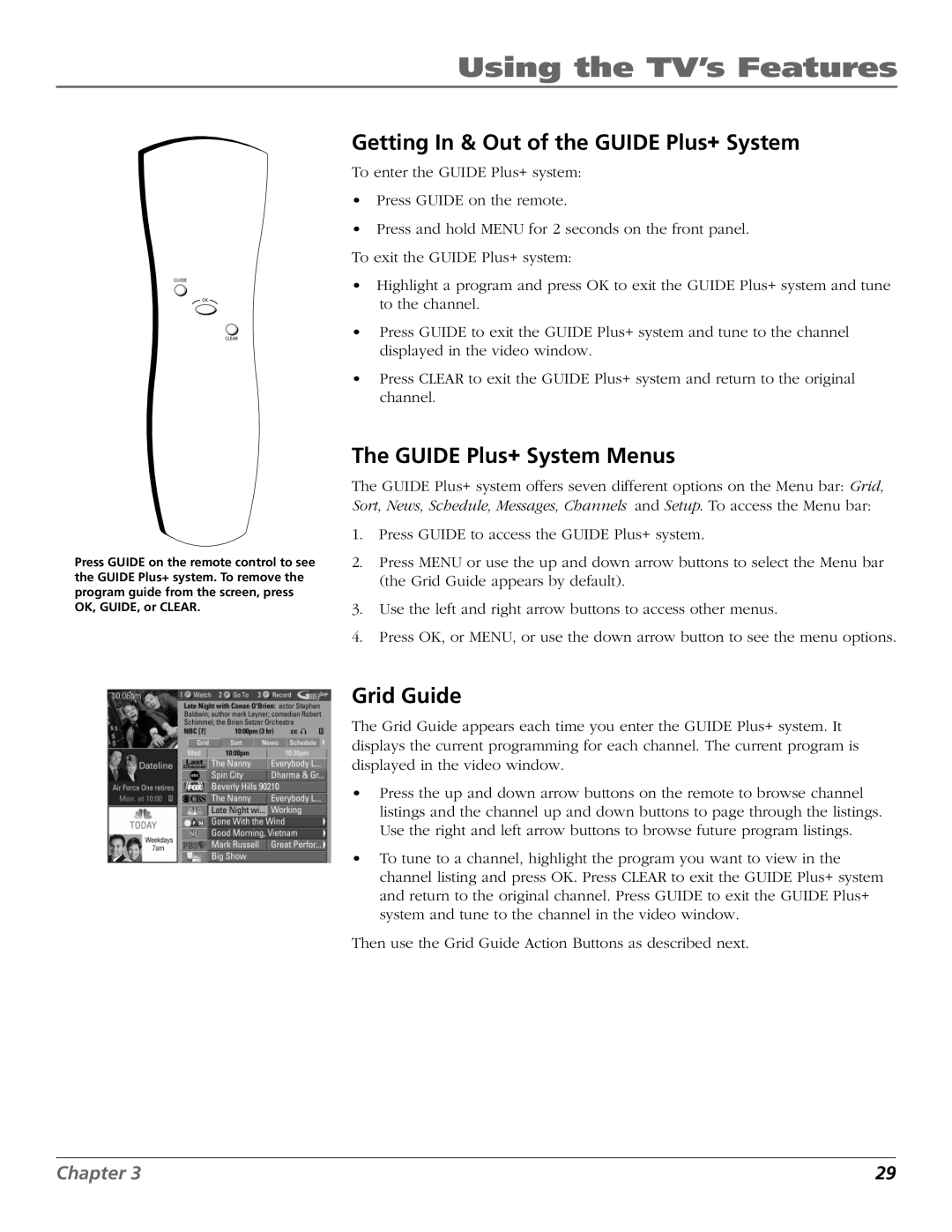 RCA F27669 manual Getting In & Out of the Guide Plus+ System, Guide Plus+ System Menus, Grid Guide 