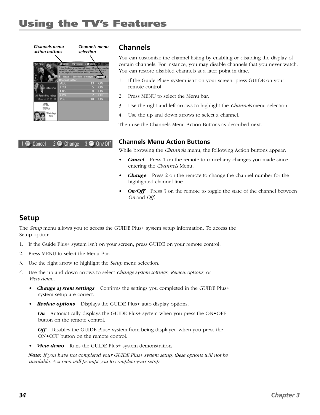 RCA F27669 manual Setup, Channels Menu Action Buttons 