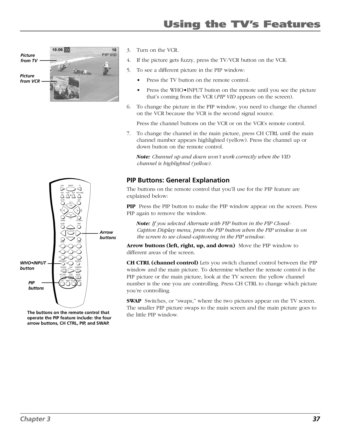 RCA F27669 manual PIP Buttons General Explanation, Pip 