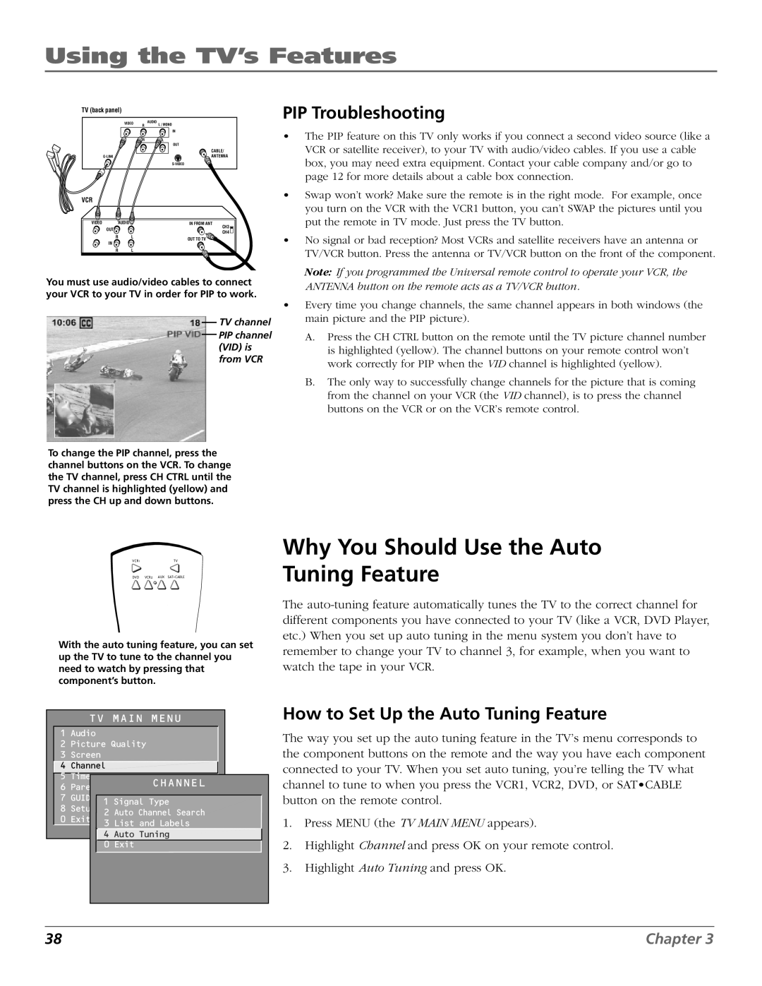 RCA F27669 manual Why You Should Use the Auto Tuning Feature, PIP Troubleshooting, How to Set Up the Auto Tuning Feature 