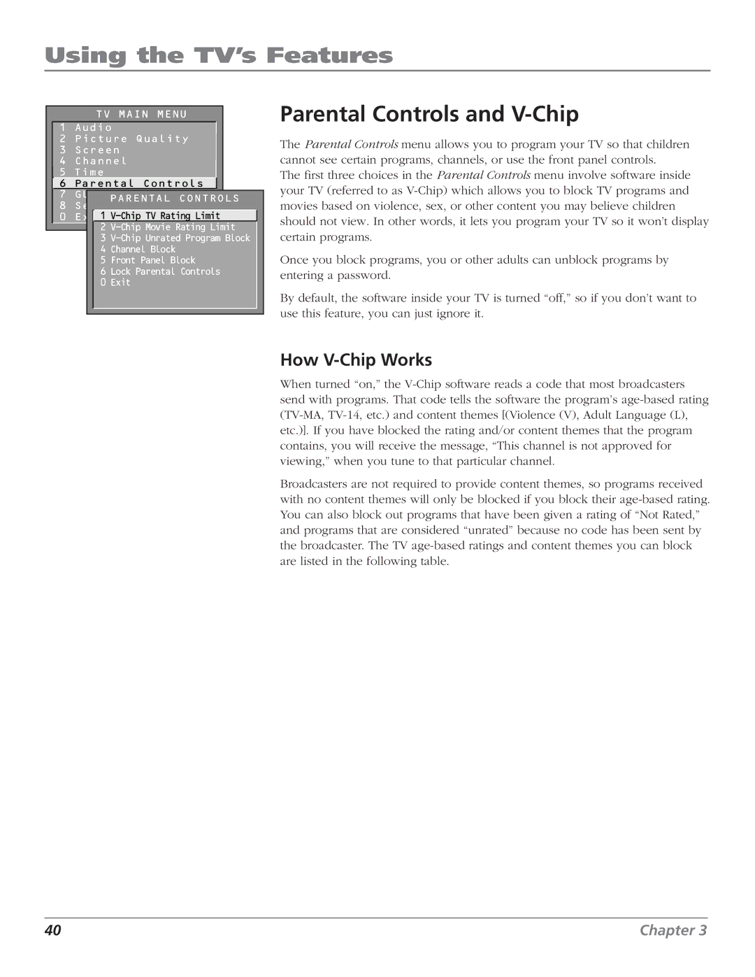 RCA F27669 manual Parental Controls and V-Chip, How V-Chip Works 