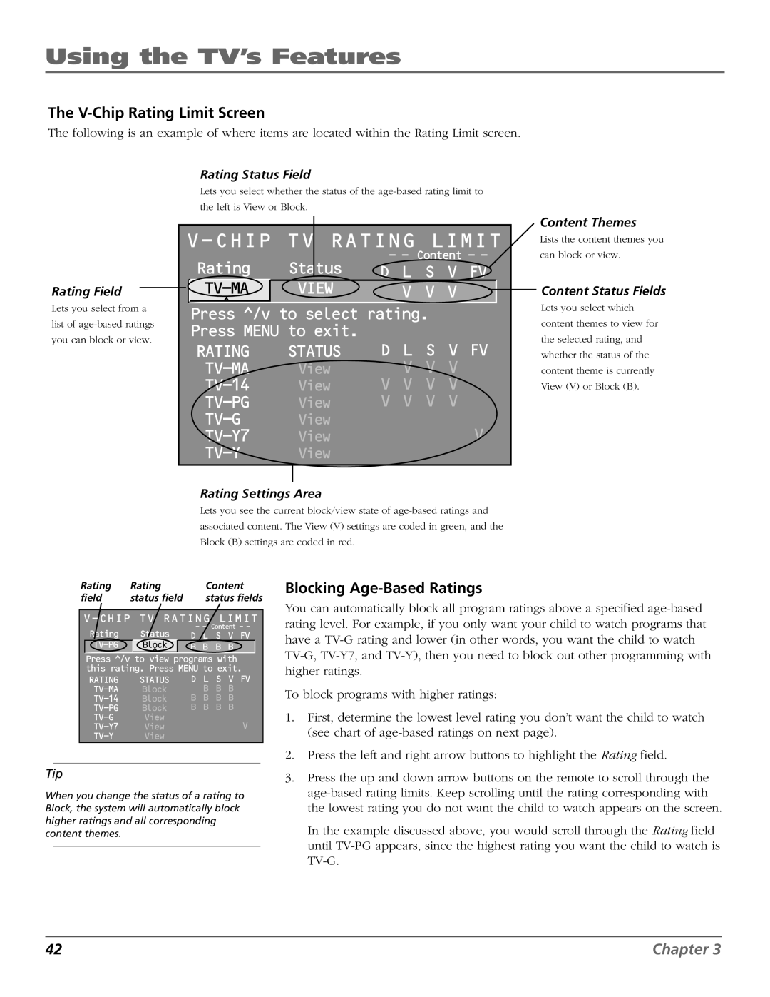 RCA F27669 manual V-Chip Rating Limit Screen, Blocking Age-Based Ratings 