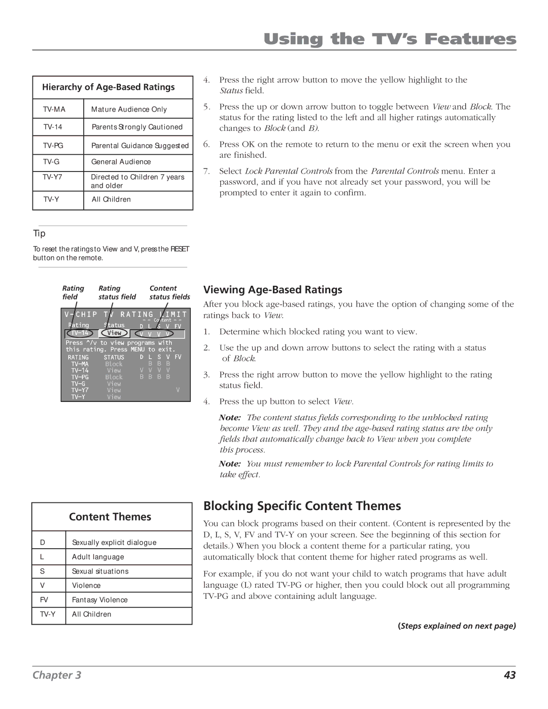 RCA F27669 manual Blocking Specific Content Themes, Viewing Age-Based Ratings 