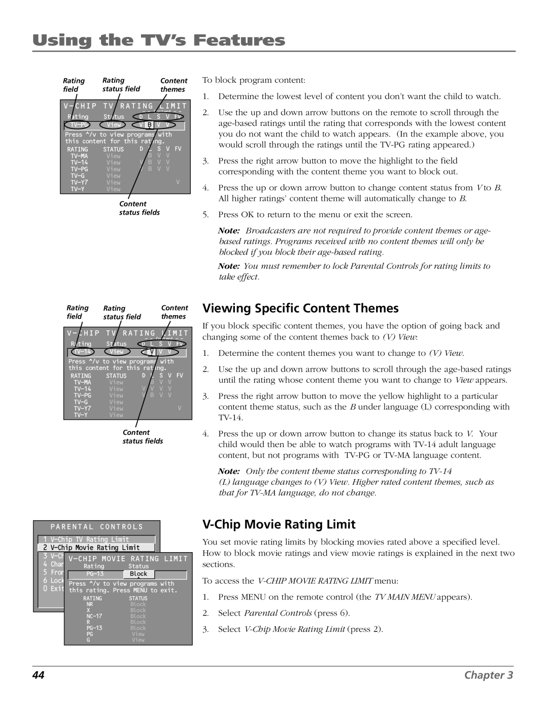 RCA F27669 manual Viewing Specific Content Themes, Chip Movie Rating Limit 