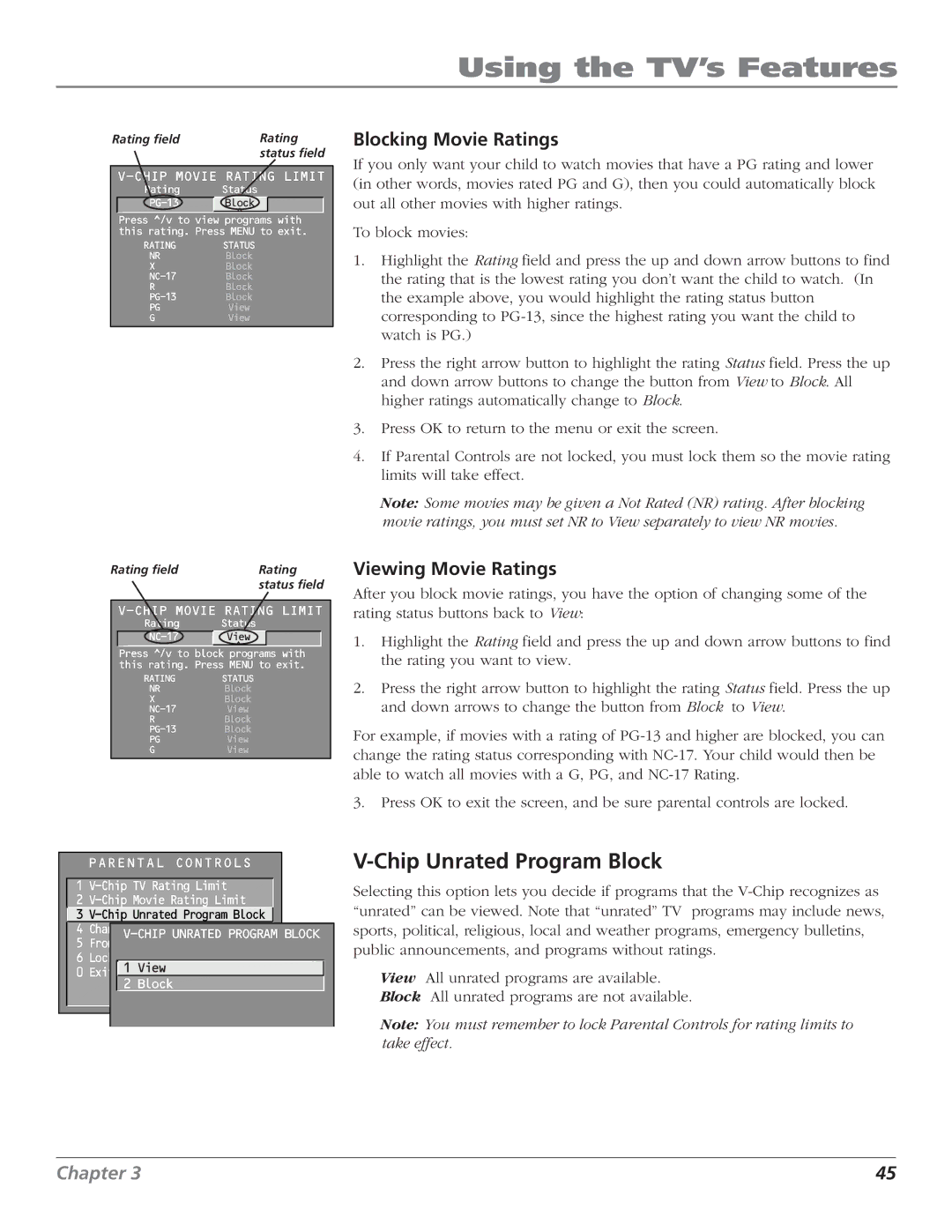 RCA F27669 manual Chip Unrated Program Block, Blocking Movie Ratings, Viewing Movie Ratings 