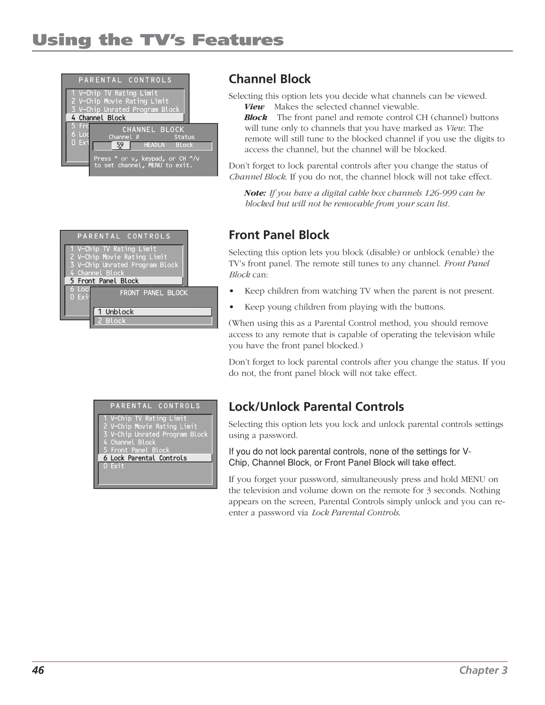 RCA F27669 manual Channel Block, Front Panel Block, Lock/Unlock Parental Controls 