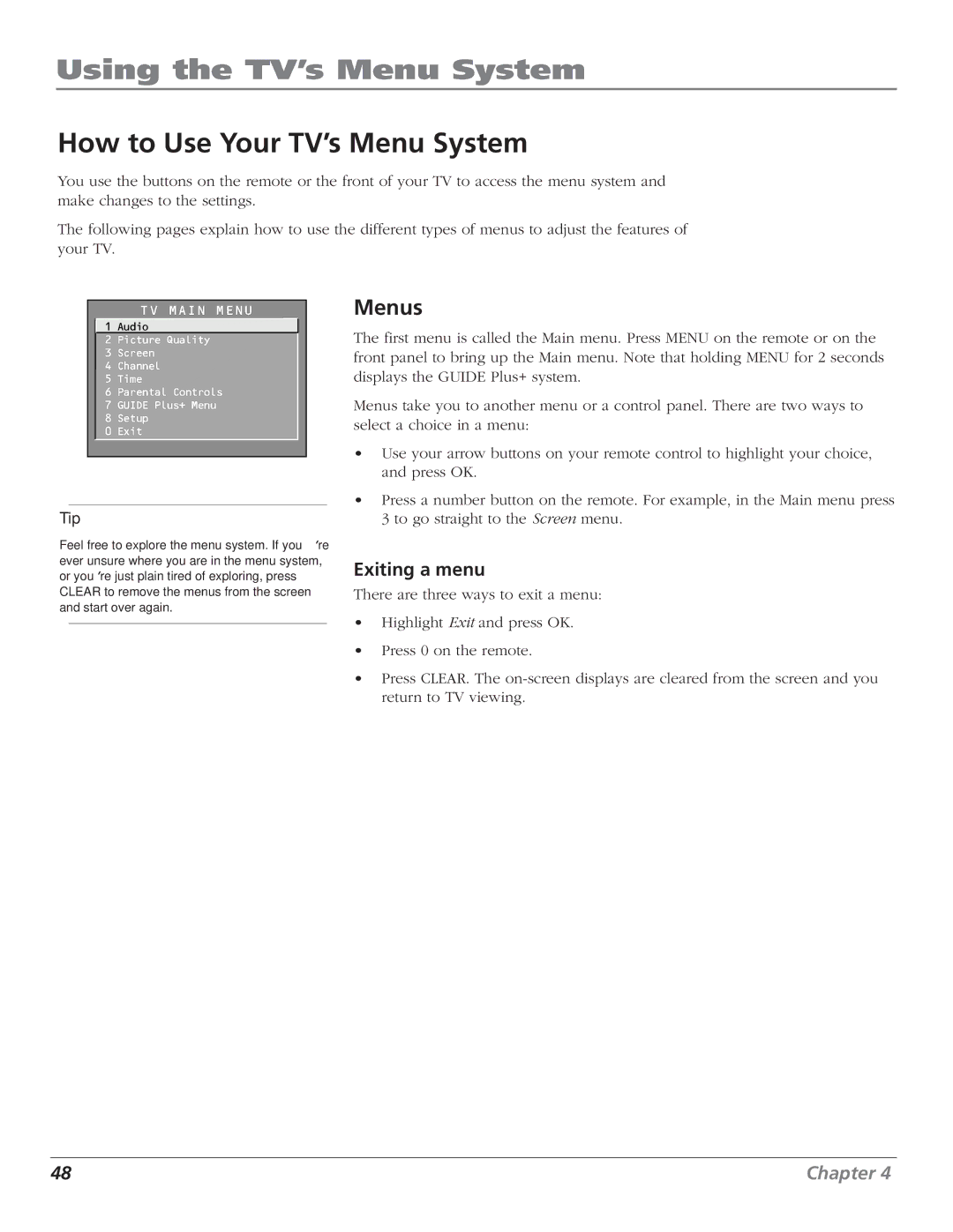 RCA F27669 manual Using the TV’s Menu System, How to Use Your TV’s Menu System, Menus, Exiting a menu 