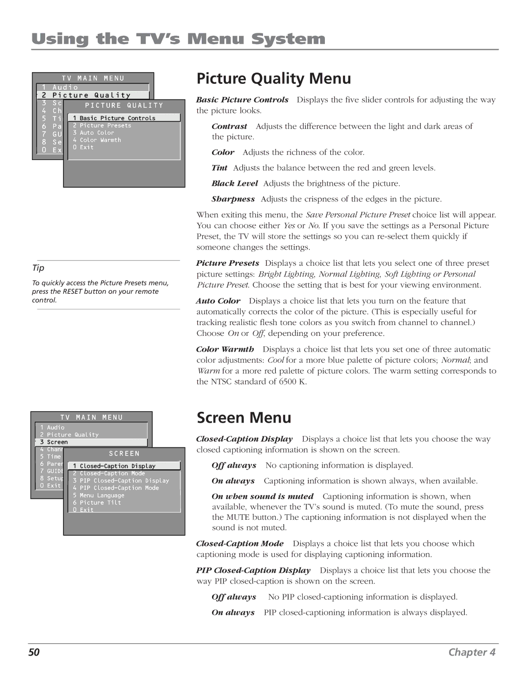 RCA F27669 manual Picture Quality Menu, Screen Menu 