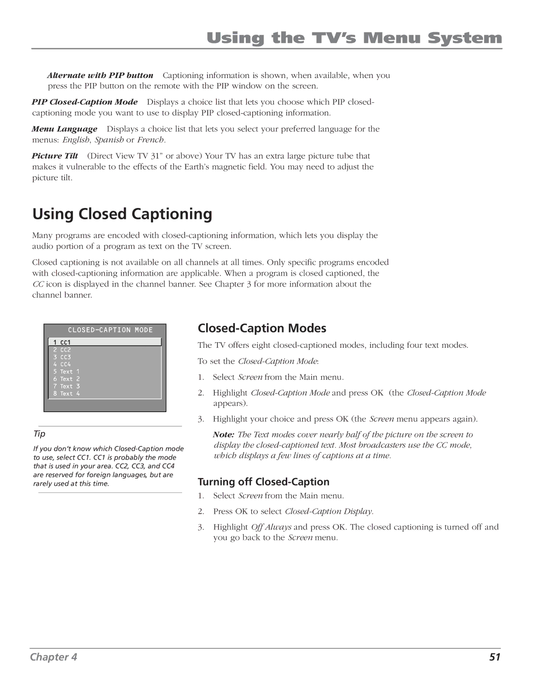 RCA F27669 manual Using Closed Captioning, Closed-Caption Modes, Turning off Closed-Caption 