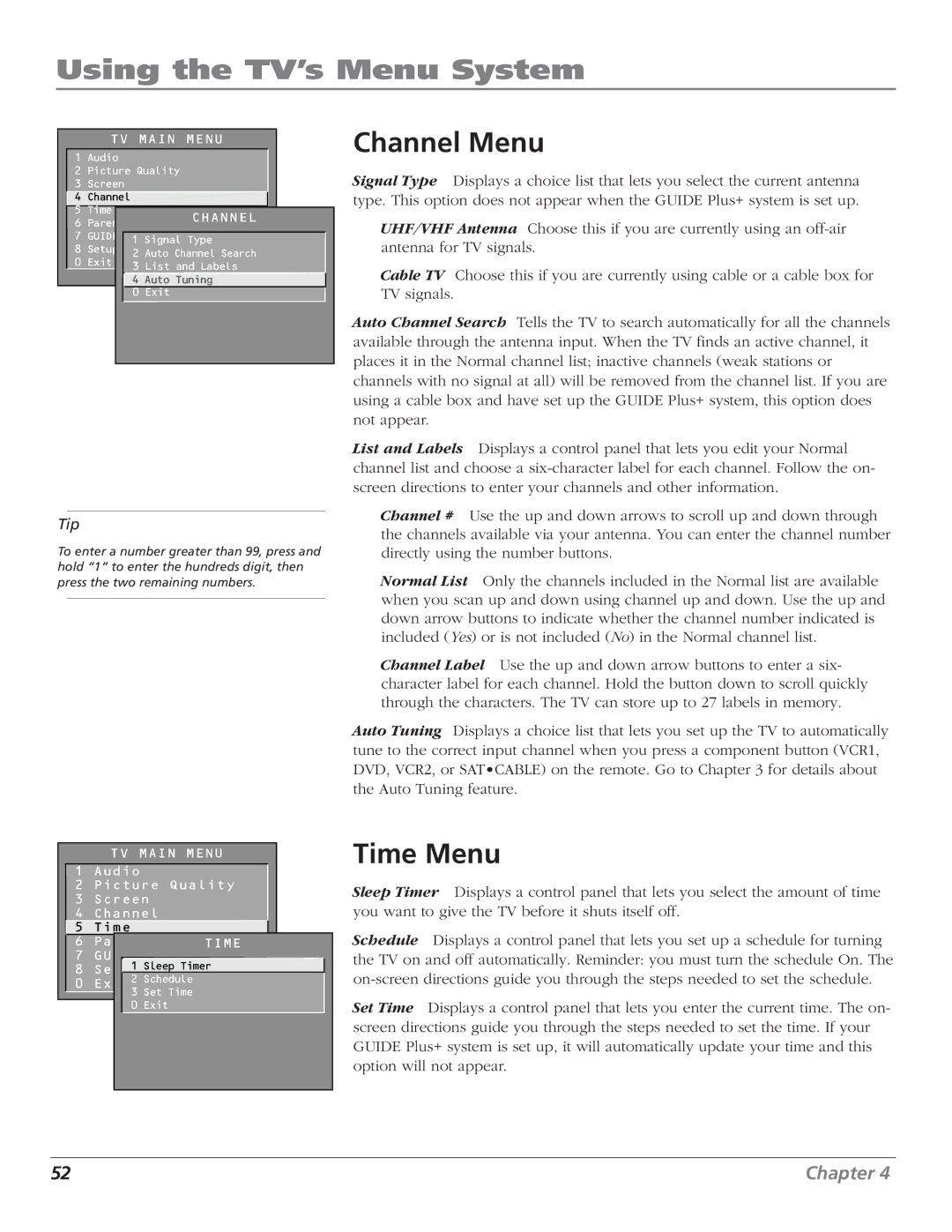 RCA F27669 manual Channel Menu, Time Menu 