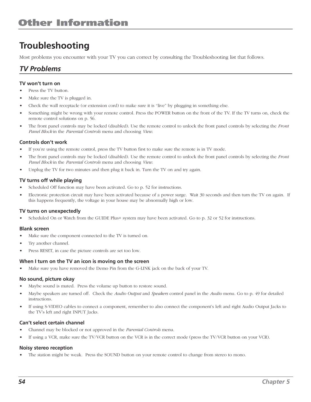 RCA F27669 manual Other Information, Troubleshooting 