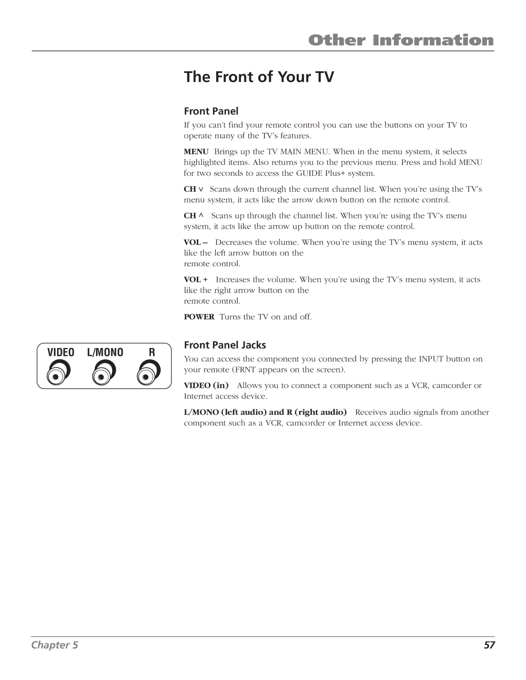 RCA F27669 manual Front of Your TV, Front Panel Jacks 