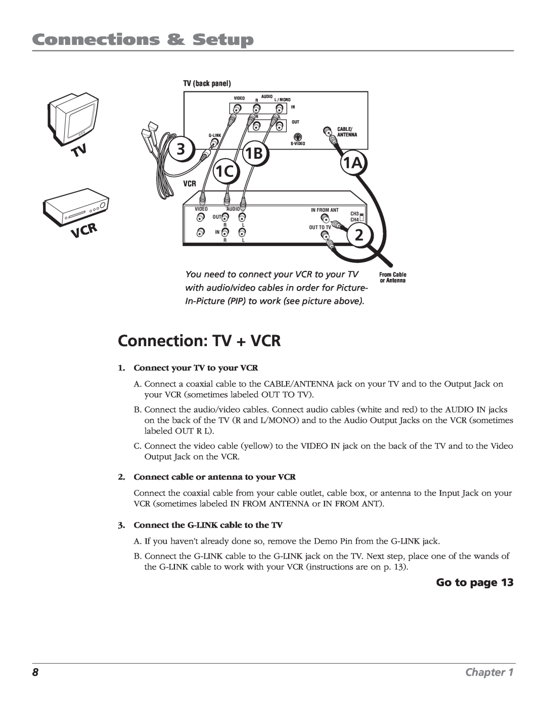 RCA F27669 manual Connection TV + VCR, Connections & Setup, Go to page, Chapter, You need to connect your VCR to your TV 