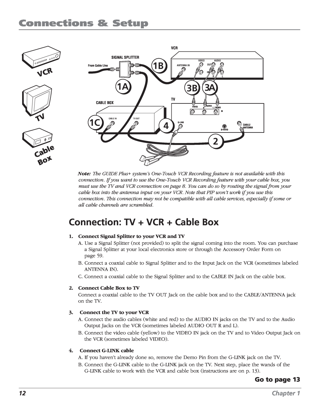 RCA F27669 Connection TV + VCR + Cable Box, Connections & Setup, TV Cable Box, Go to page, Chapter, Connect G-LINK cable 