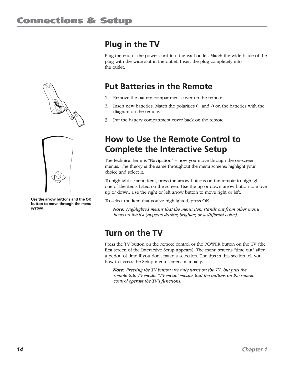 RCA F27669 Plug in the TV, Put Batteries in the Remote, How to Use the Remote Control to Complete the Interactive Setup 