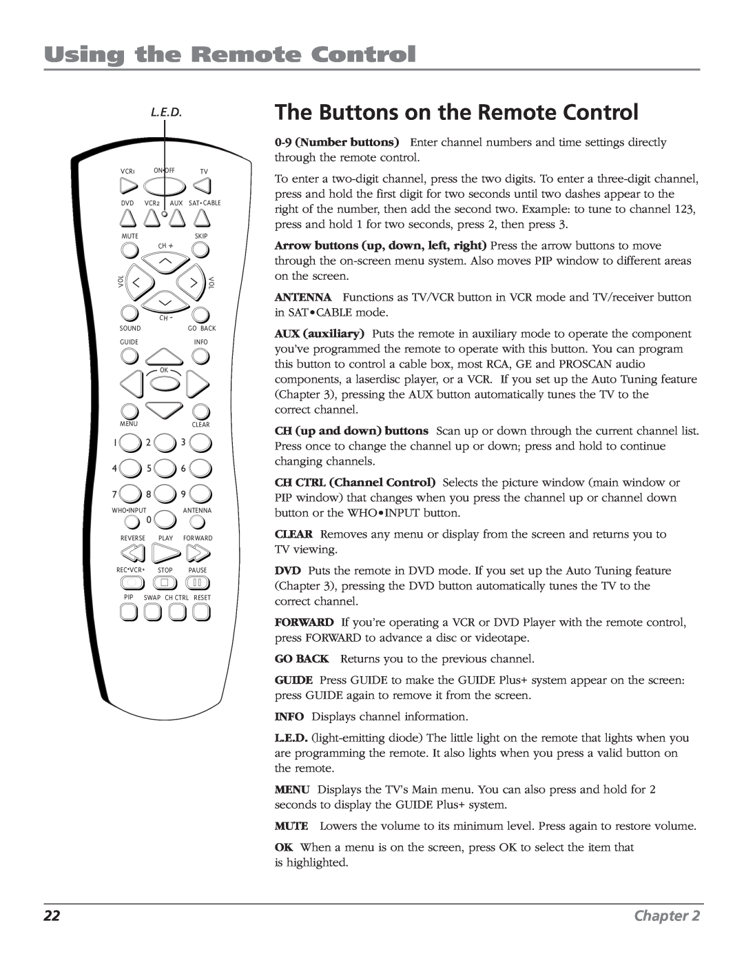 RCA F27669 manual Using the Remote Control, The Buttons on the Remote Control, Chapter, L.E.D 