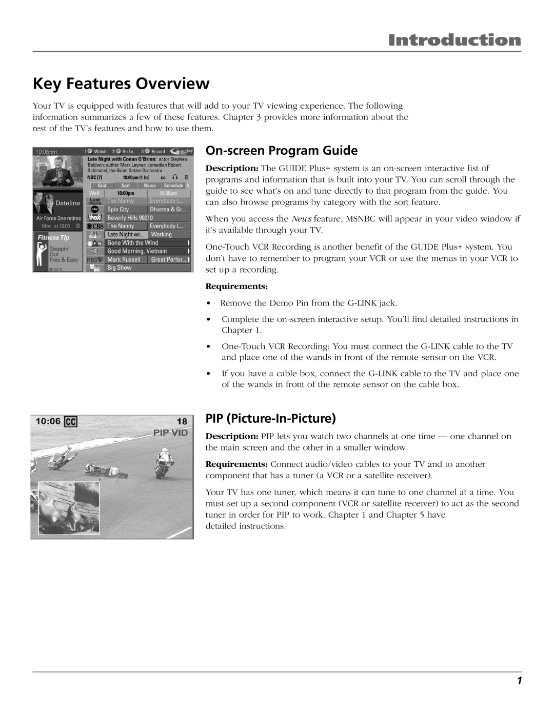 RCA F27669 manual Introduction, Key Features Overview, On-screen Program Guide, PIP Picture-In-Picture, Requirements 