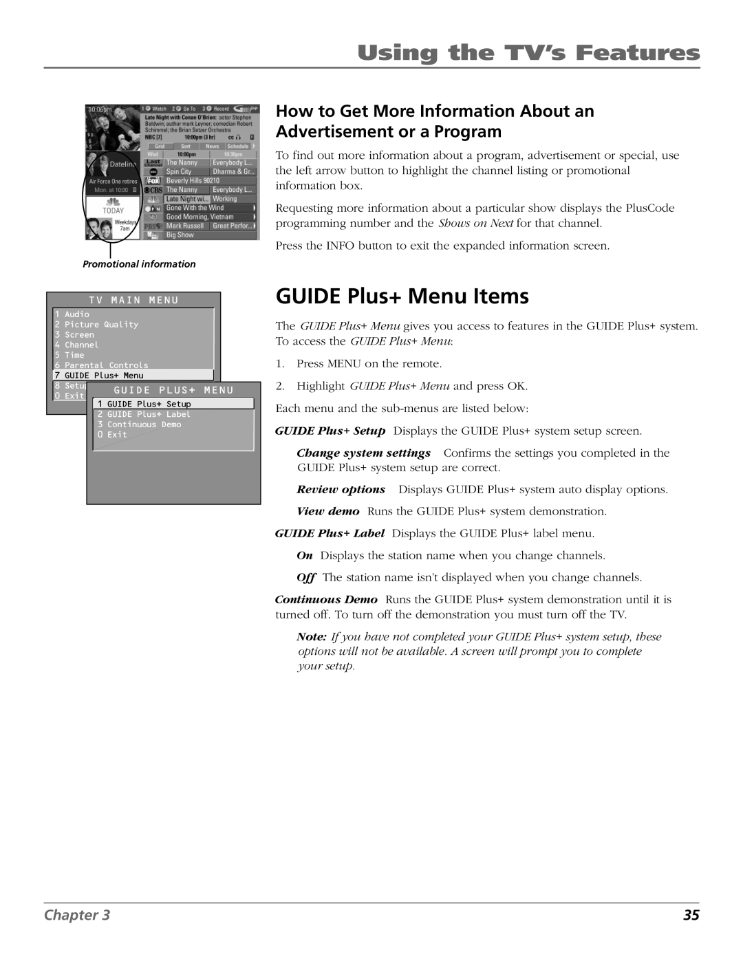 RCA F27669 manual GUIDE Plus+ Menu Items, How to Get More Information About an Advertisement or a Program, Chapter 