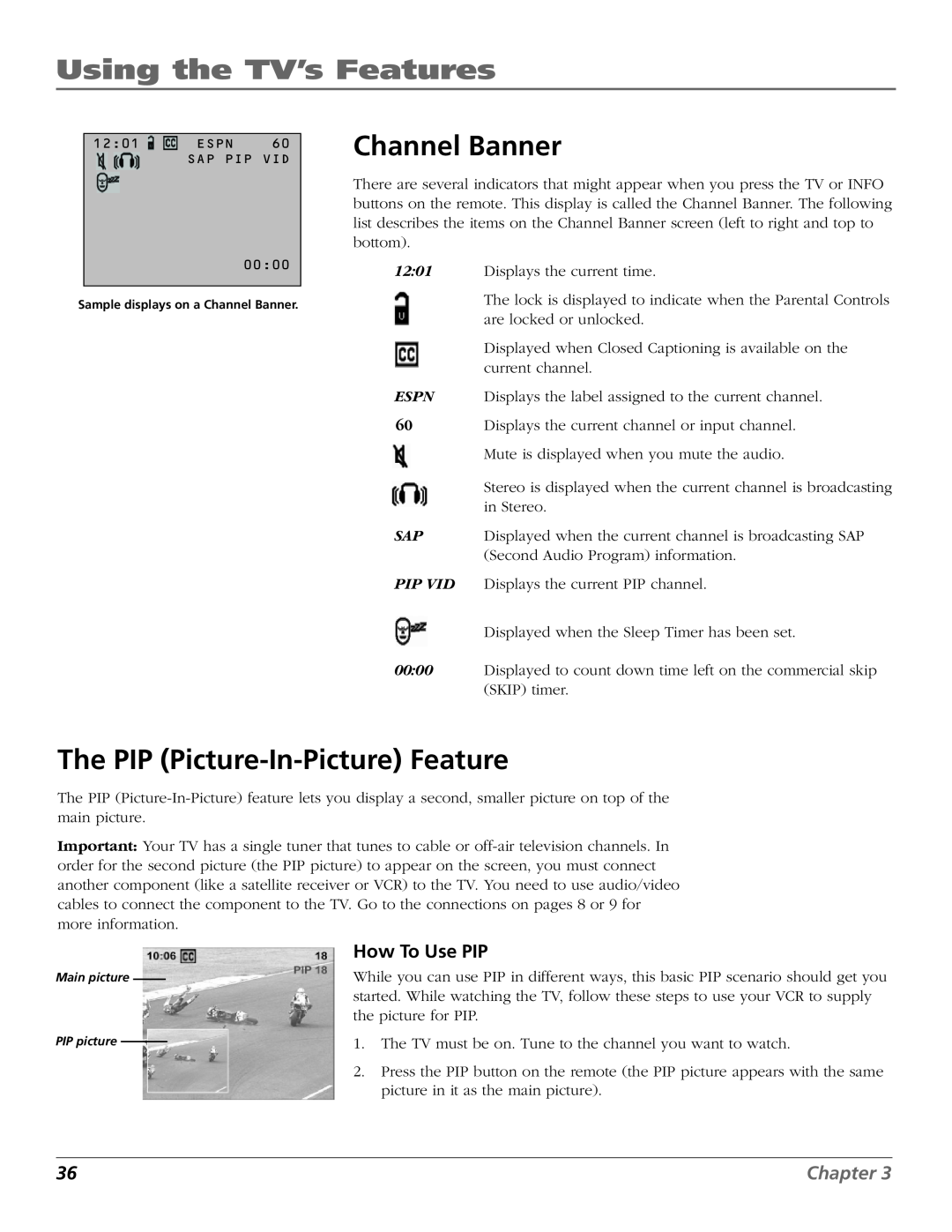 RCA F27669 manual Channel Banner, The PIP Picture-In-Picture Feature, Using the TV’s Features, How To Use PIP, Chapter 
