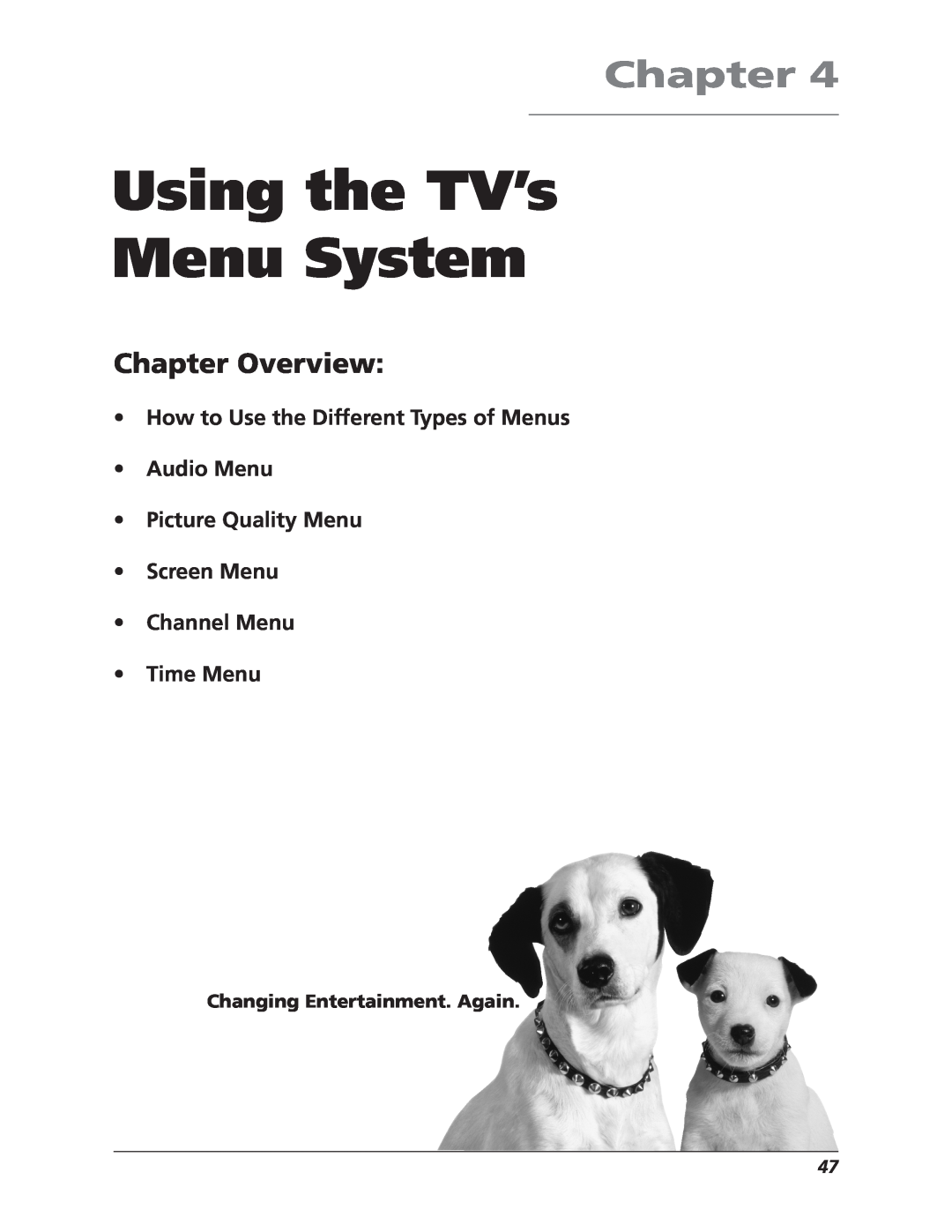 RCA F27669 manual Using the TV’s Menu System, How to Use the Different Types of Menus Audio Menu, Chapter Overview 