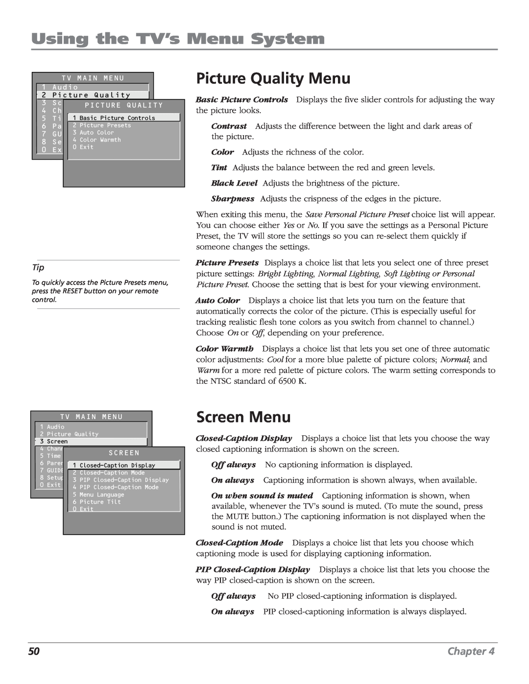 RCA F27669 manual Picture Quality Menu, Screen Menu, Using the TV’s Menu System, Chapter 