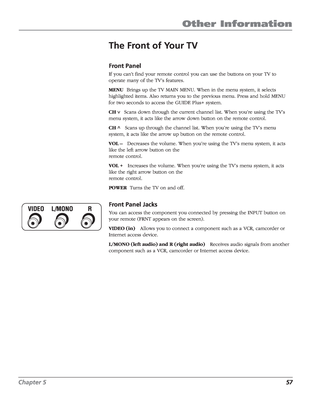 RCA F27669 manual The Front of Your TV, Other Information, Video L/Mono R, Front Panel Jacks, Chapter 