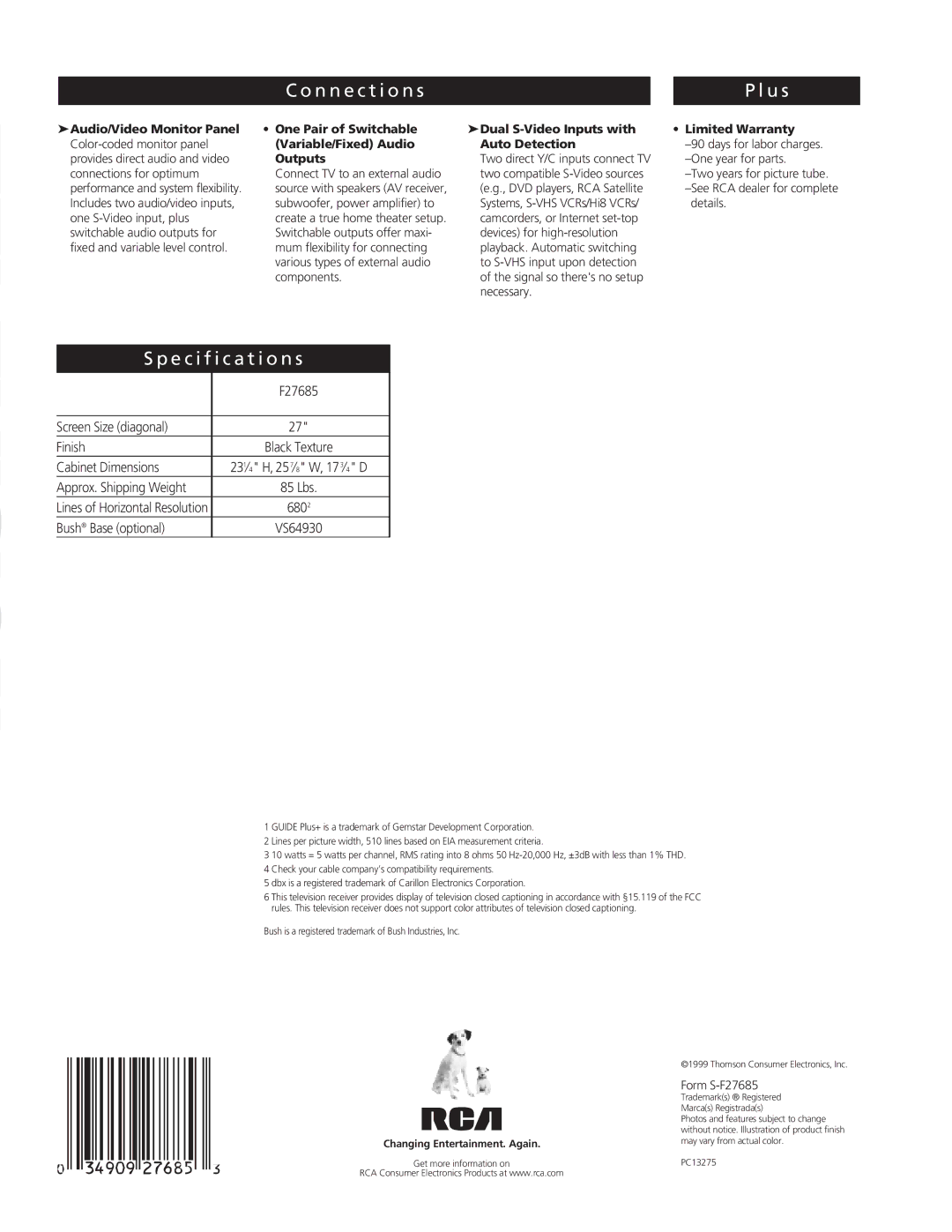 RCA F27685 manual N n e c t i o n s U s, Specification s, Variable/Fixed Audio Auto Detection, Outputs, Limited Warranty 