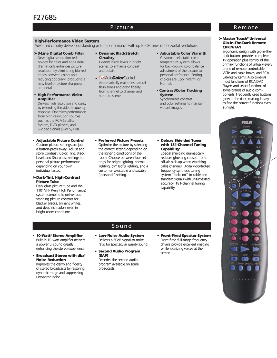 RCA F27685 manual P i c t u r e, R e m o t e, S o u n d, High-Performance Video System 