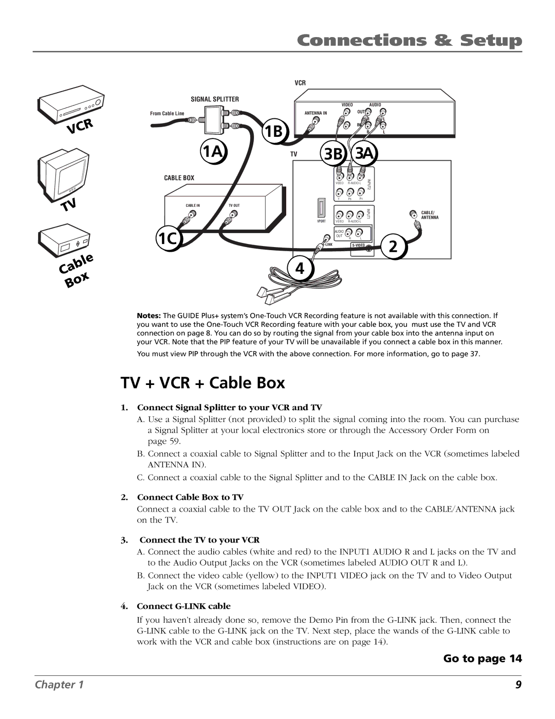 RCA F27718, F32718, F36718, MR68R718 manual TV + VCR + Cable Box, Connect Signal Splitter to your VCR and TV 