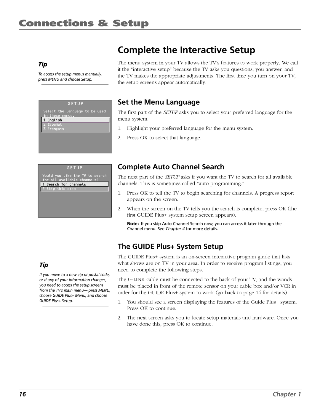 RCA F27718, F32718, F36718, MR68R718 Complete the Interactive Setup, Set the Menu Language, Complete Auto Channel Search 