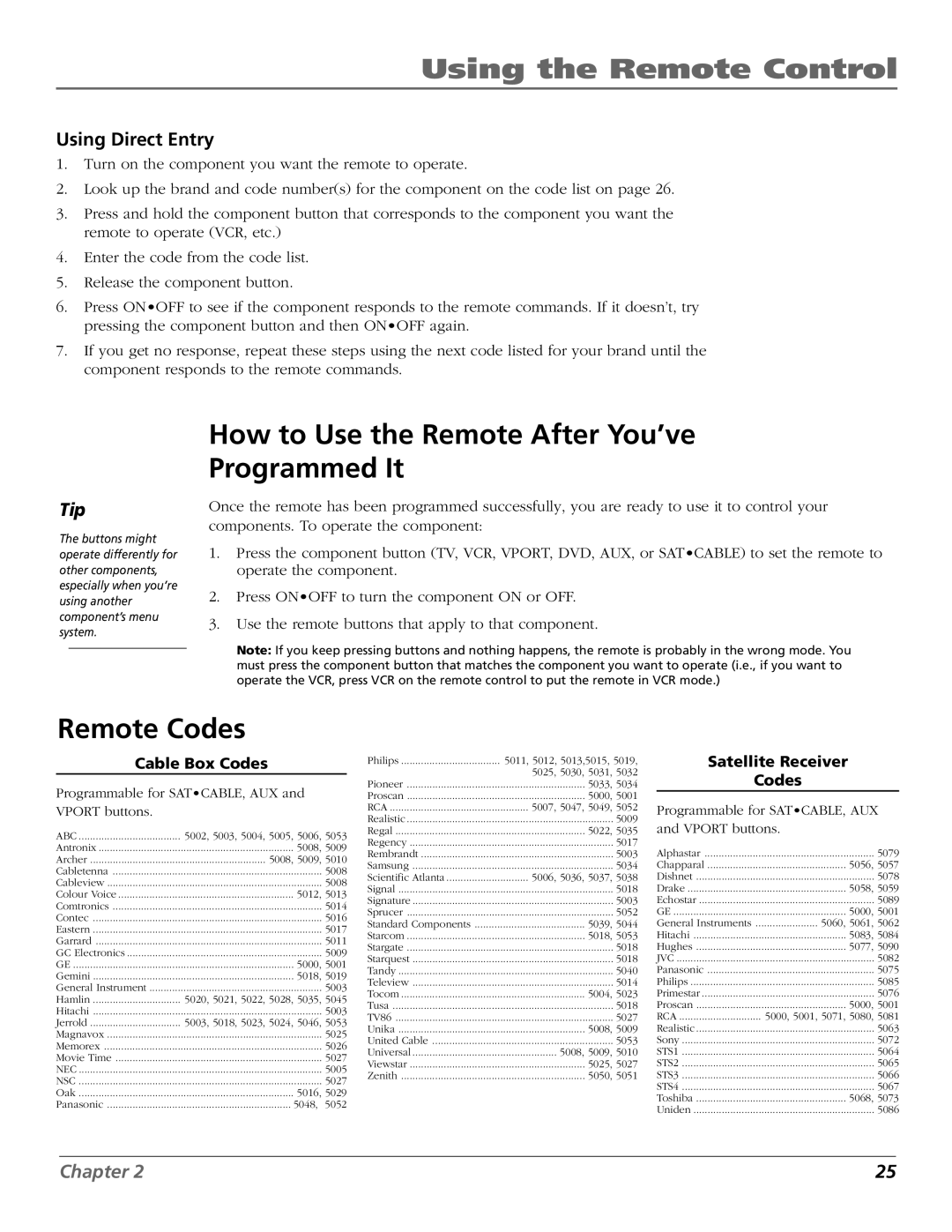 RCA F27718, F32718, F36718, MR68R718 How to Use the Remote After You’ve Programmed It, Remote Codes, Using Direct Entry 