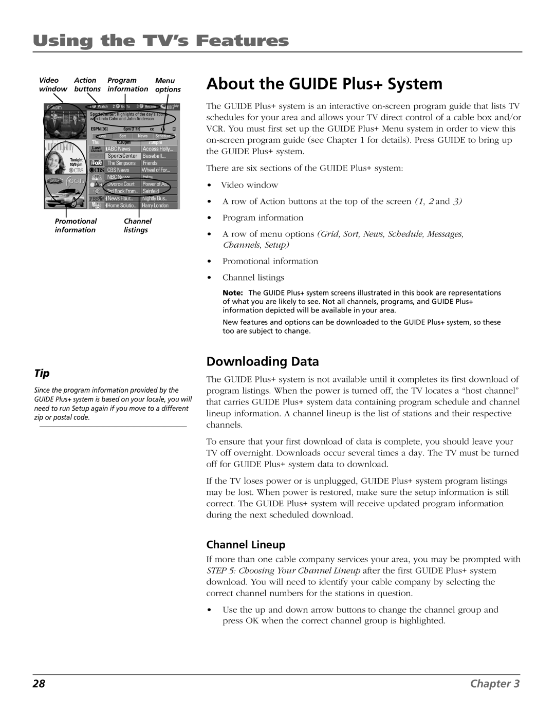 RCA F27718, F32718, F36718, MR68R718 manual Using the TV’s Features, About the Guide Plus+ System, Downloading Data 