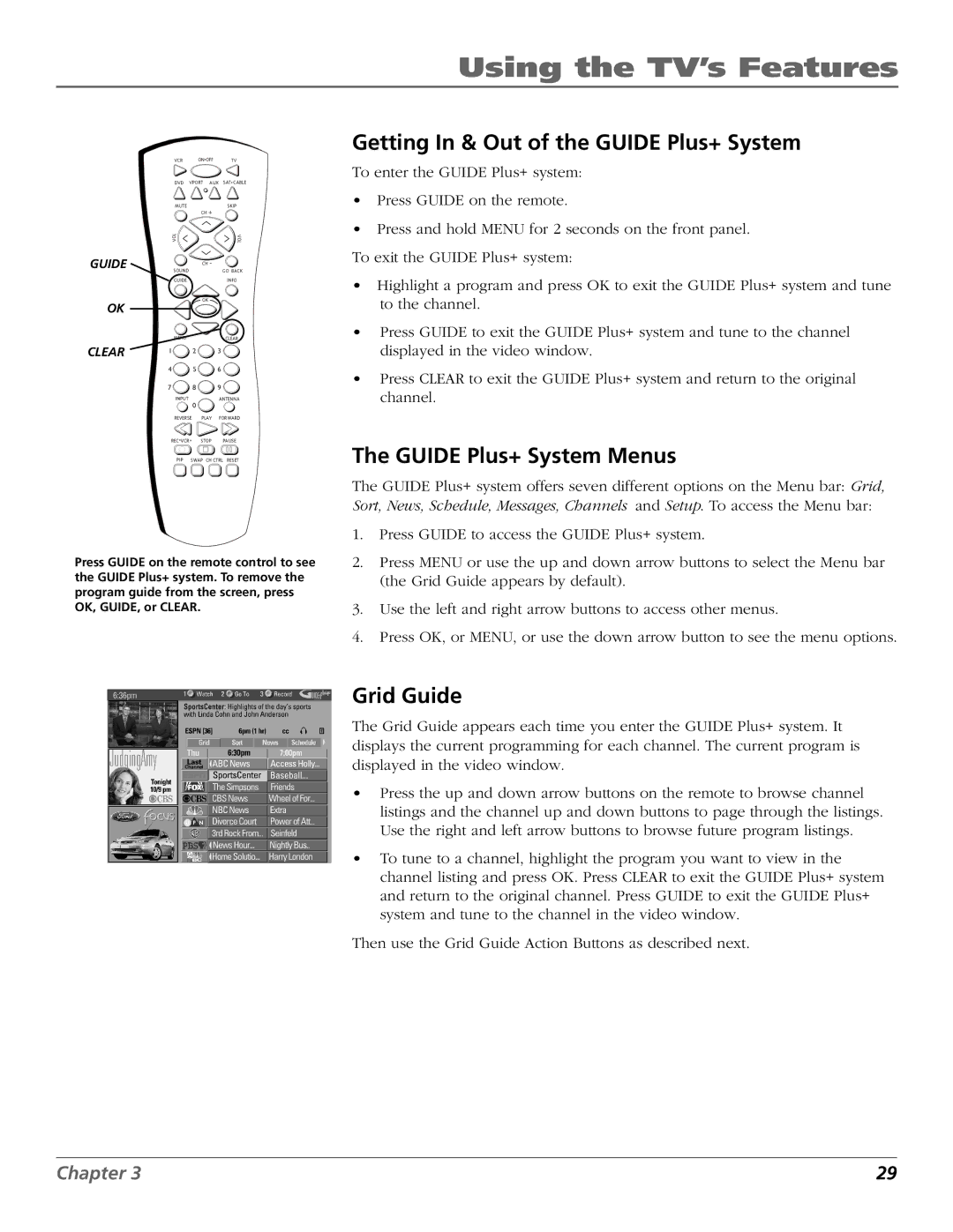 RCA F27718, F32718, F36718, MR68R718 Getting In & Out of the Guide Plus+ System, Guide Plus+ System Menus, Grid Guide 