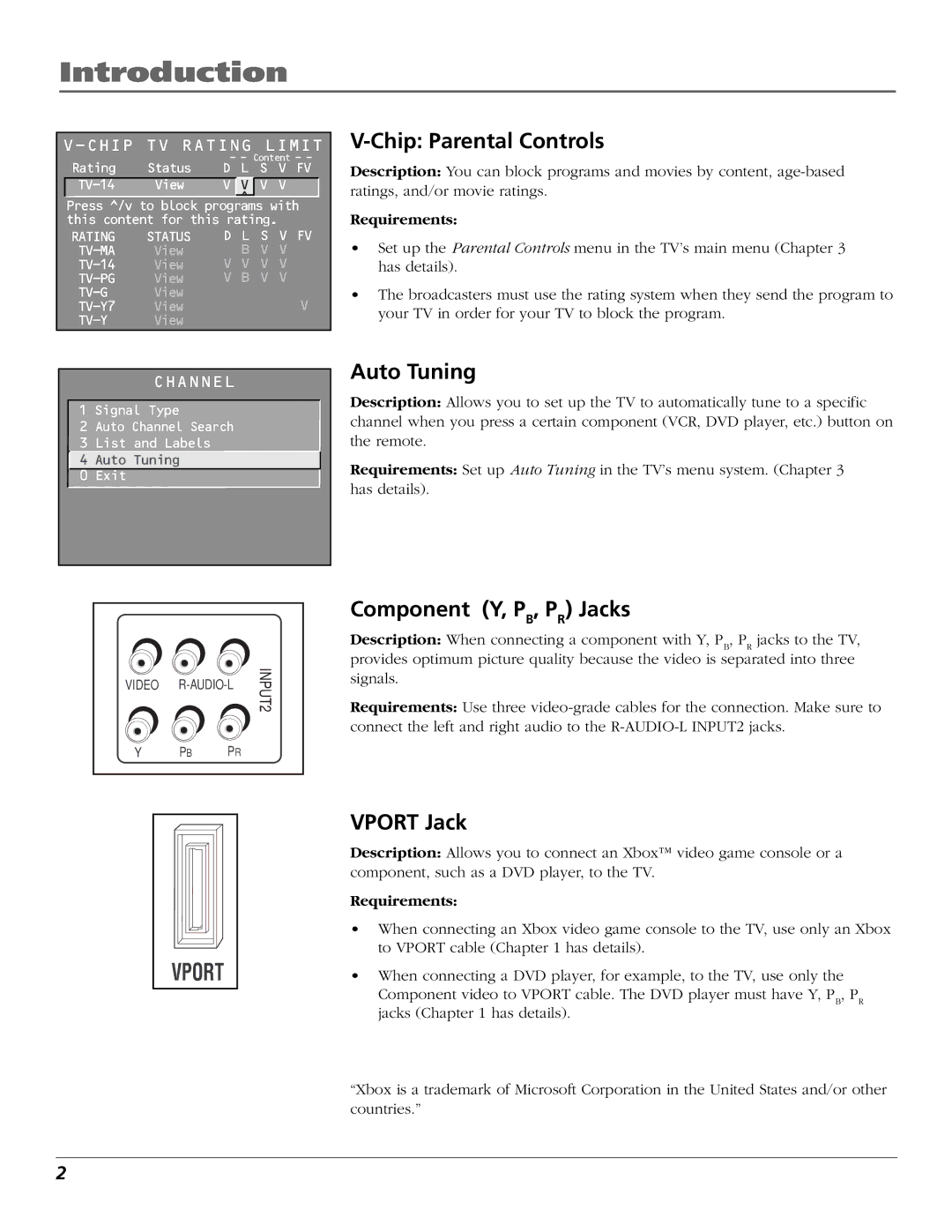 RCA F27718, F32718, F36718, MR68R718 manual Chip Parental Controls, Auto Tuning, Component Y, PB, PR Jacks, Vport Jack 