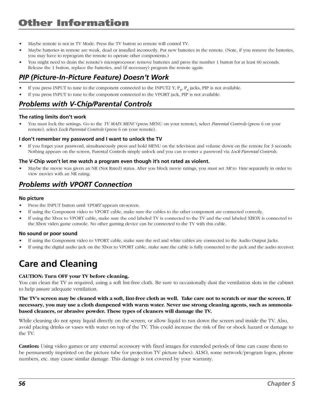 RCA F27718, F32718, F36718, MR68R718 manual Care and Cleaning, PIP Picture-In-Picture Feature Doesn’t Work 