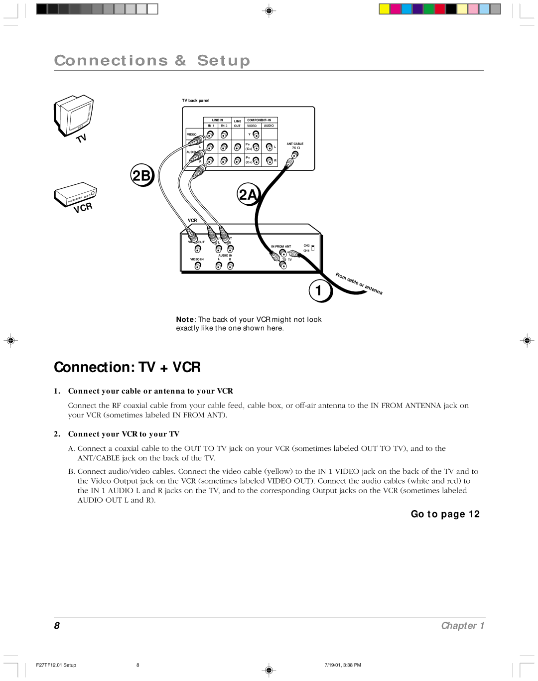 RCA F27TF12 manual Connection TV + VCR, Go to 