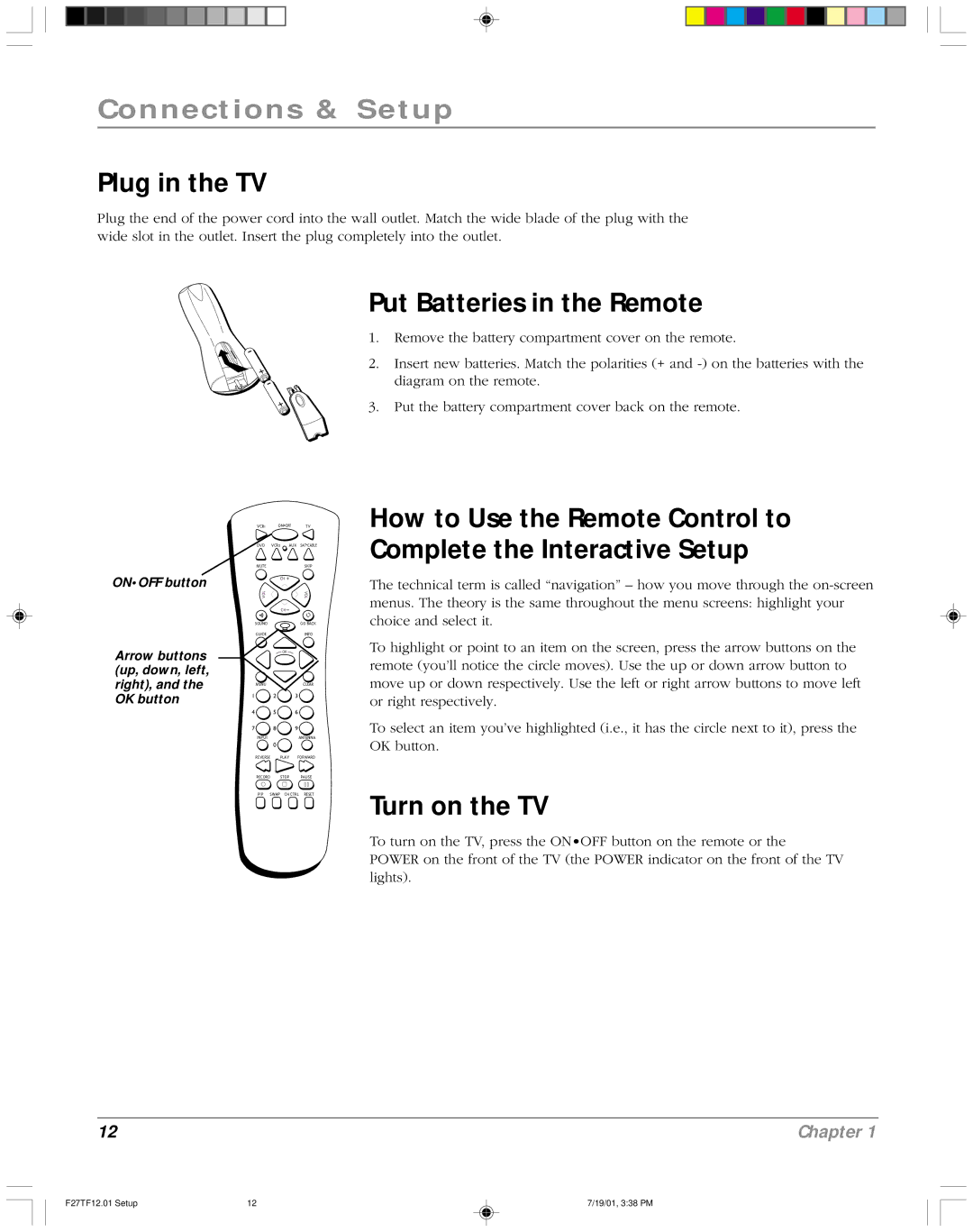 RCA F27TF12 manual Plug in the TV, Put Batteries in the Remote, Turn on the TV 