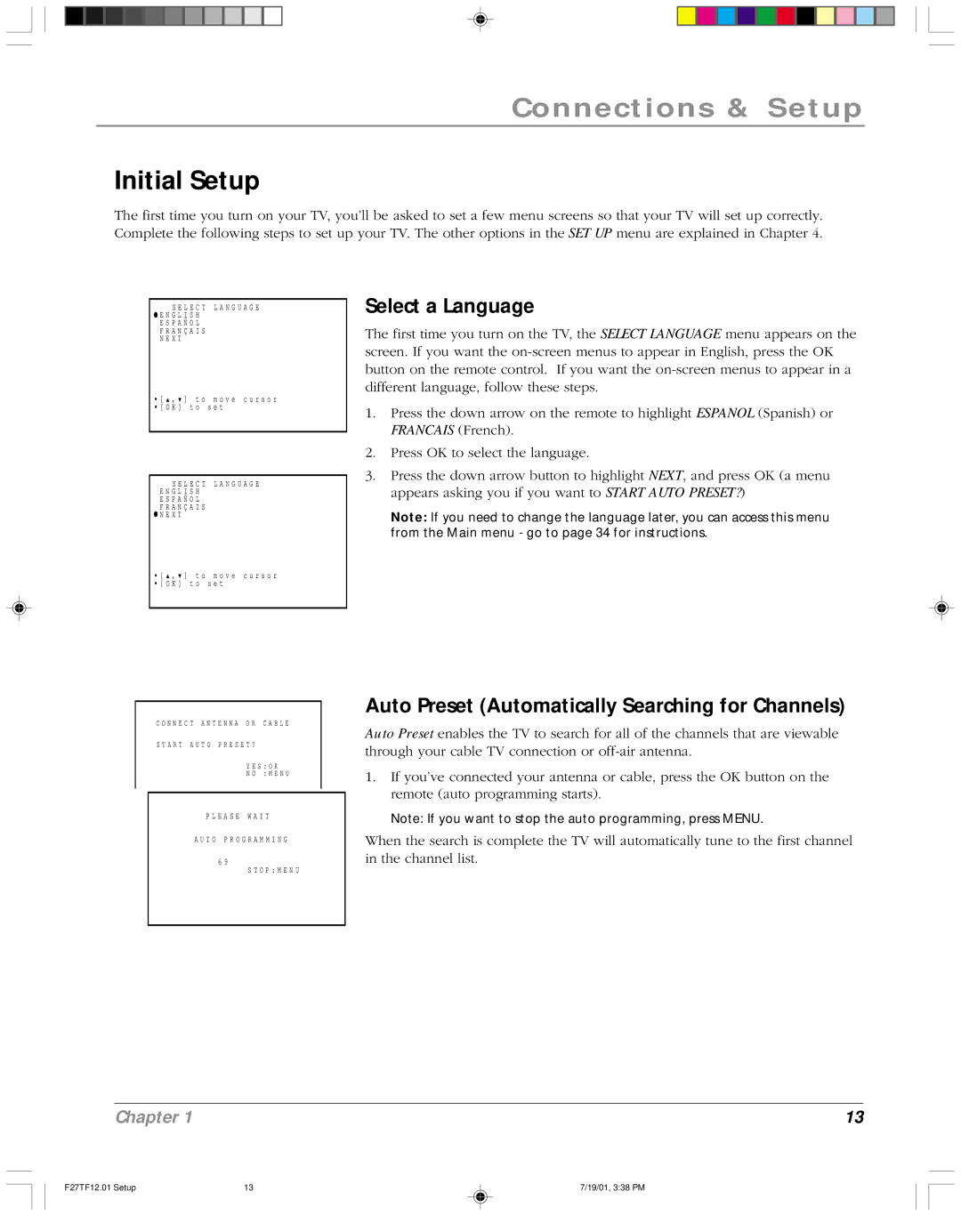 RCA F27TF12 manual Initial Setup, Select a Language, Auto Preset Automatically Searching for Channels 