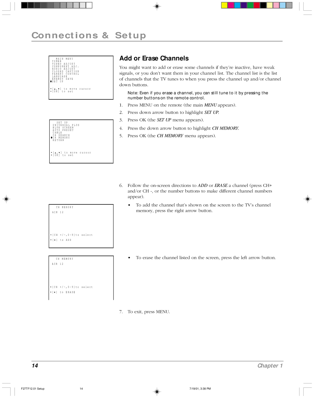 RCA F27TF12 manual Add or Erase Channels 