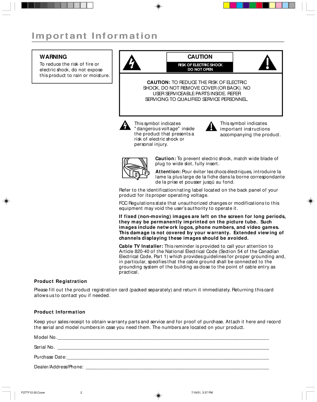 RCA F27TF12 manual Important Information, Product Registration 