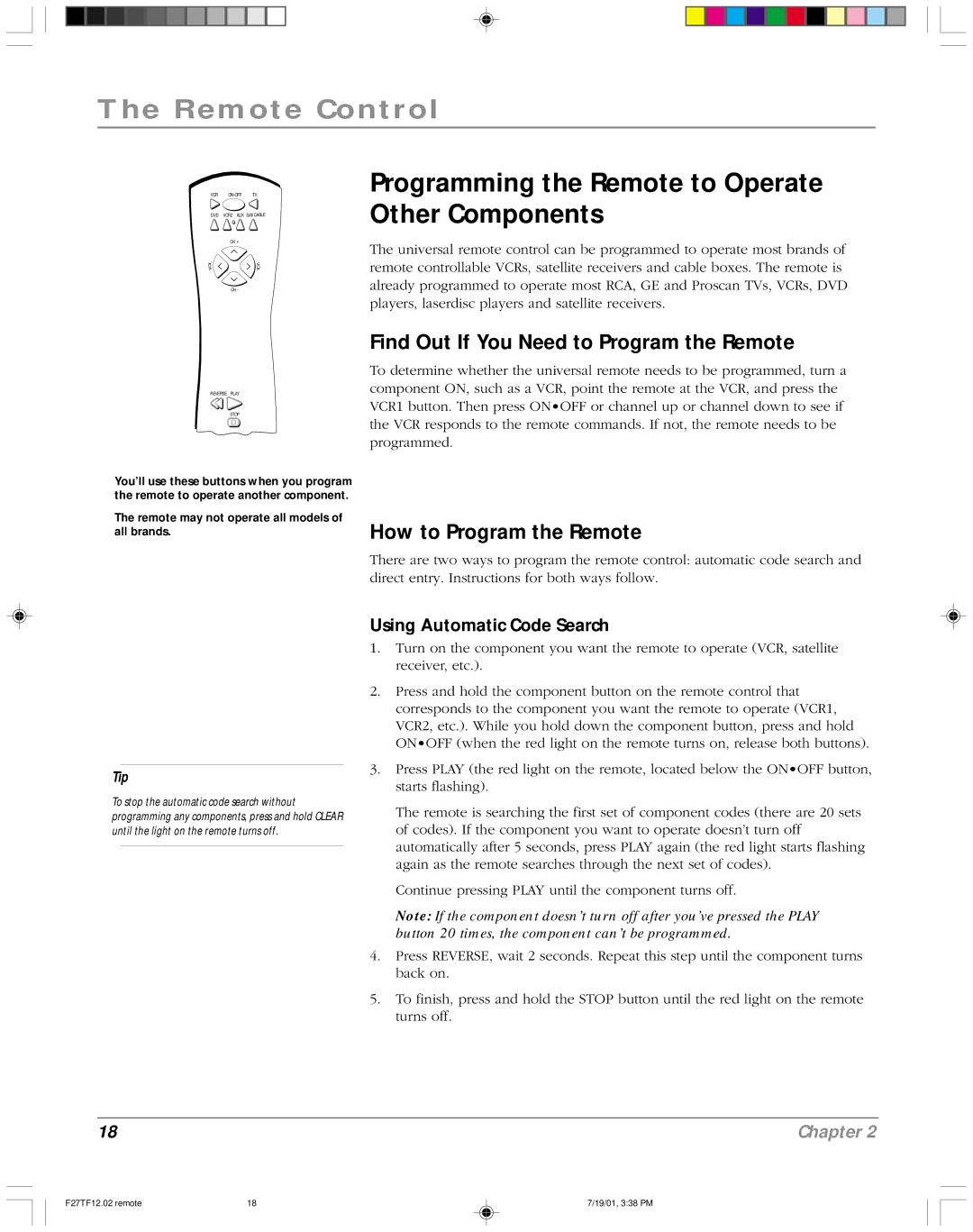 RCA F27TF12 manual Programming the Remote to Operate Other Components, Find Out If You Need to Program the Remote 