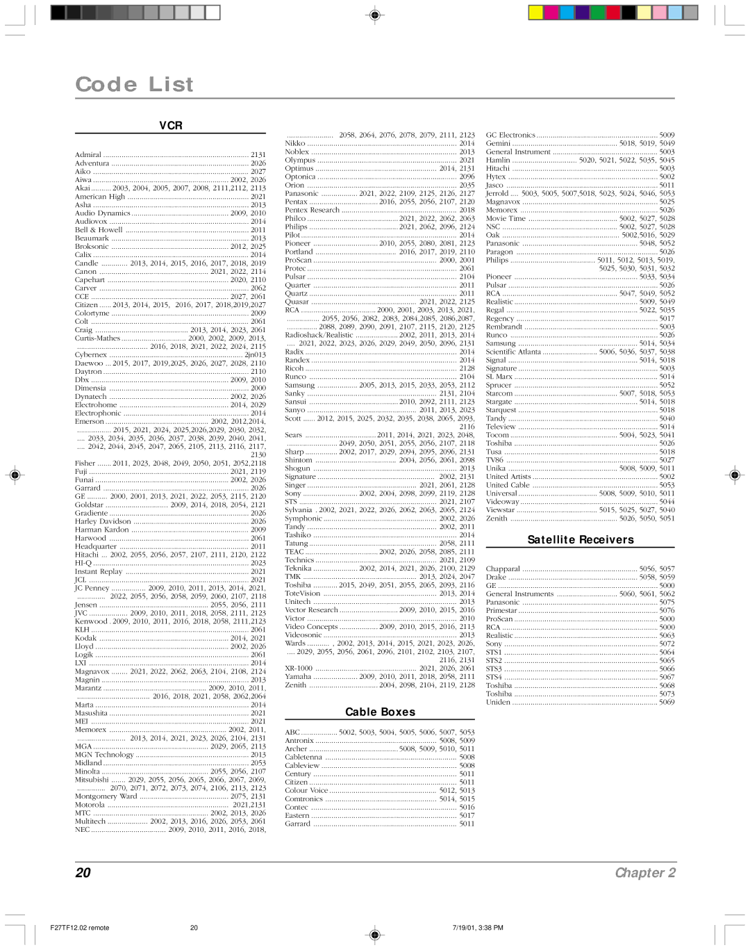 RCA F27TF12 manual Code List, Vcr 