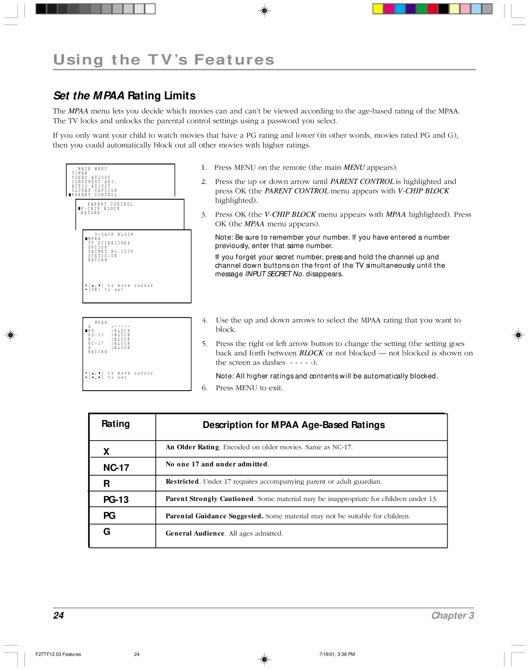 RCA F27TF12 manual Set the Mpaa Rating Limits, Rating Description for Mpaa Age-Based Ratings, NC-17, PG-13 