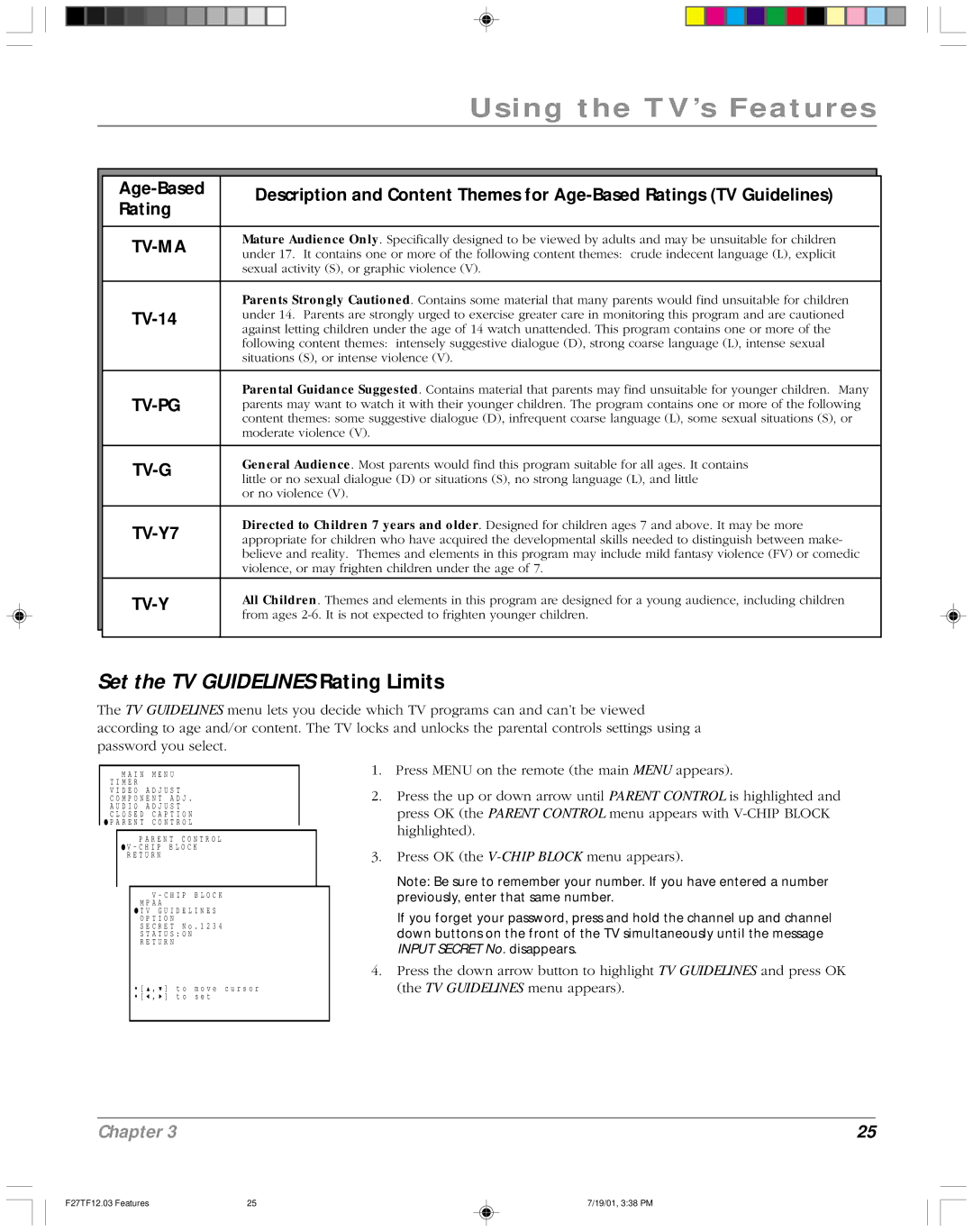 RCA F27TF12 manual Set the TV Guidelines Rating Limits, TV-14 