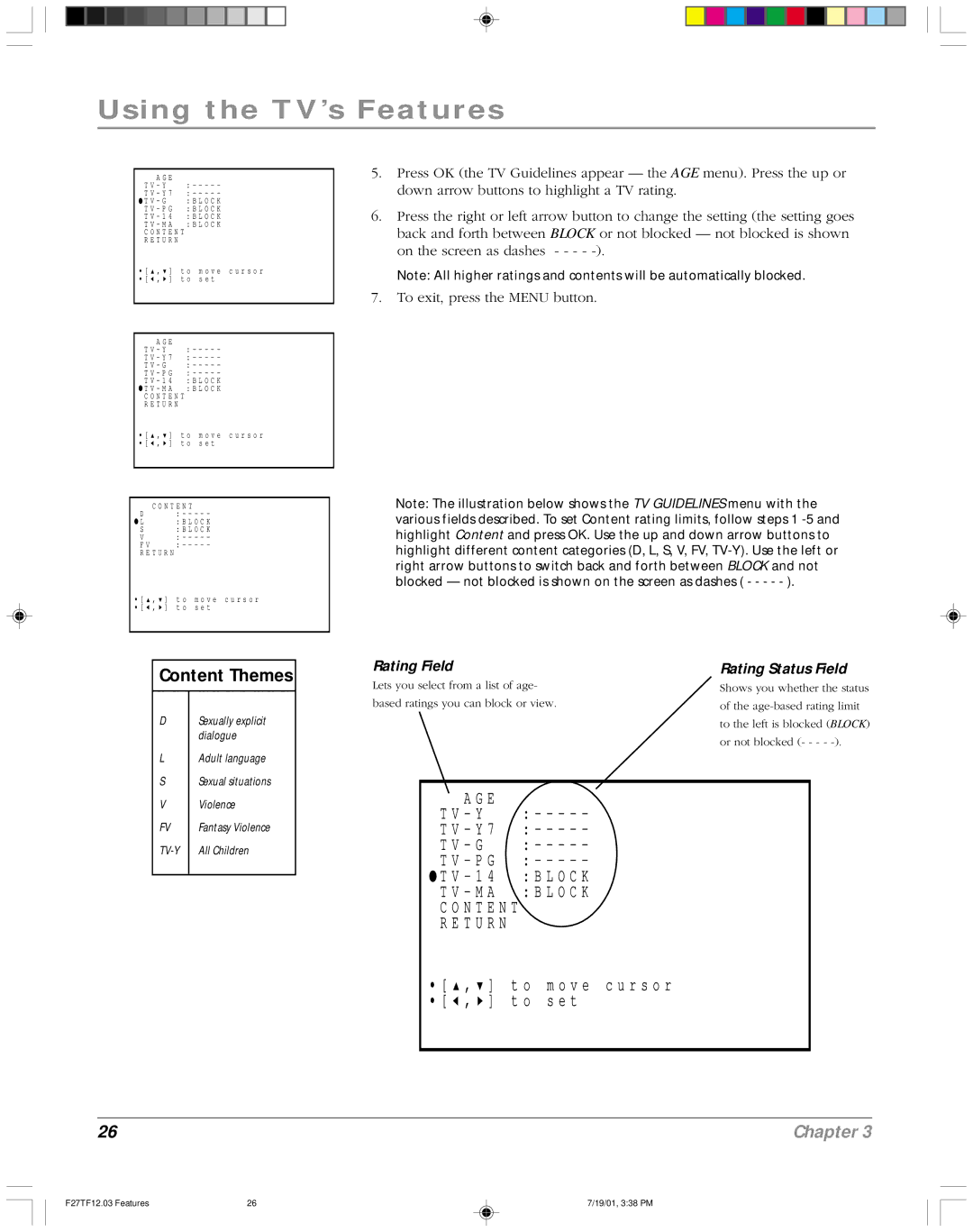 RCA F27TF12 manual Content Themes, Rating Field Rating Status Field 