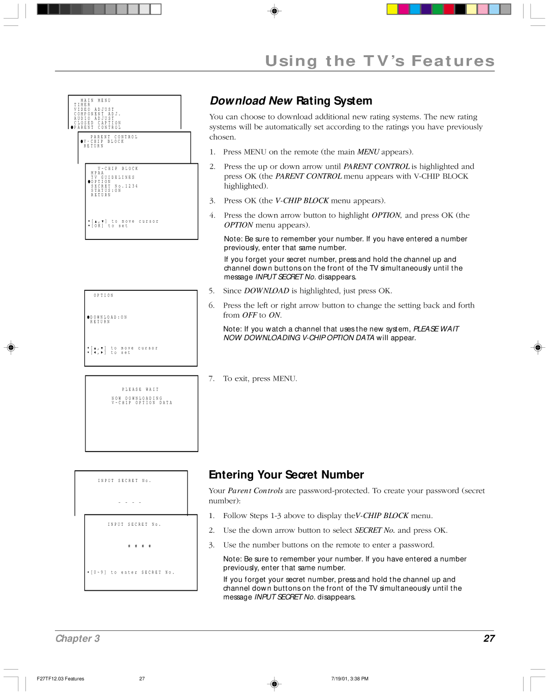 RCA F27TF12 manual Download New Rating System, Entering Your Secret Number 